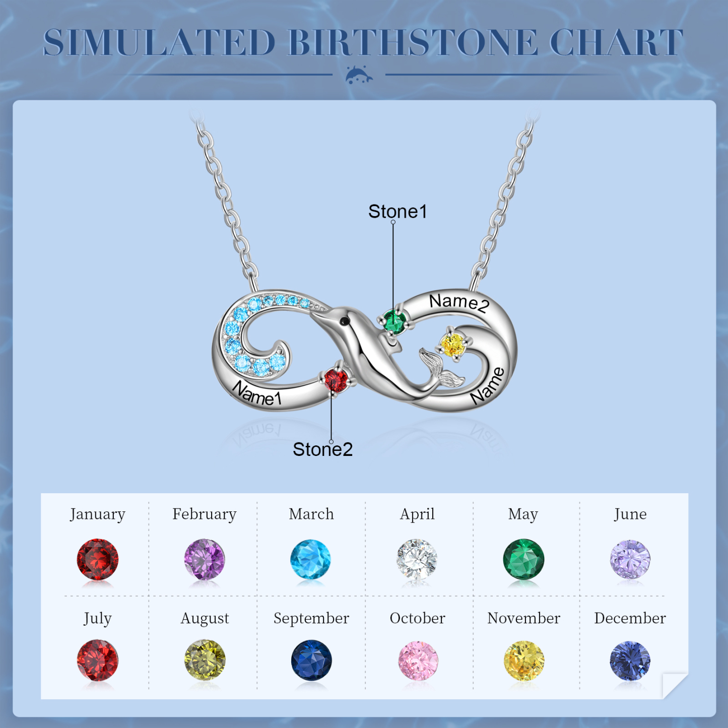 Personalised Infinite Dolphin Necklace With 3 Birthstones Custom Names Best Gift For Her-Jessemade AU
