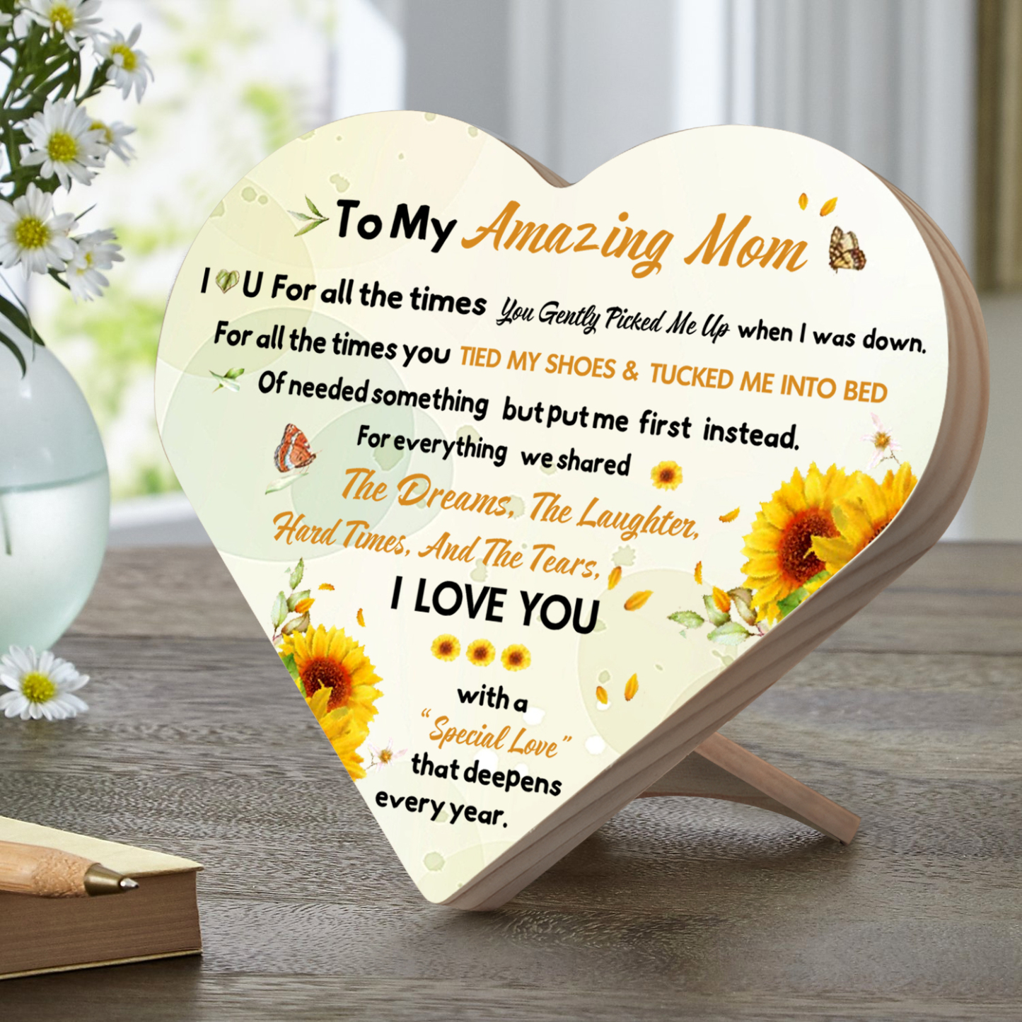 To My Amazing Mom I ❤️ U Wooden Flowers Heart Keepsake Desktop Ornament-Jessemade AU
