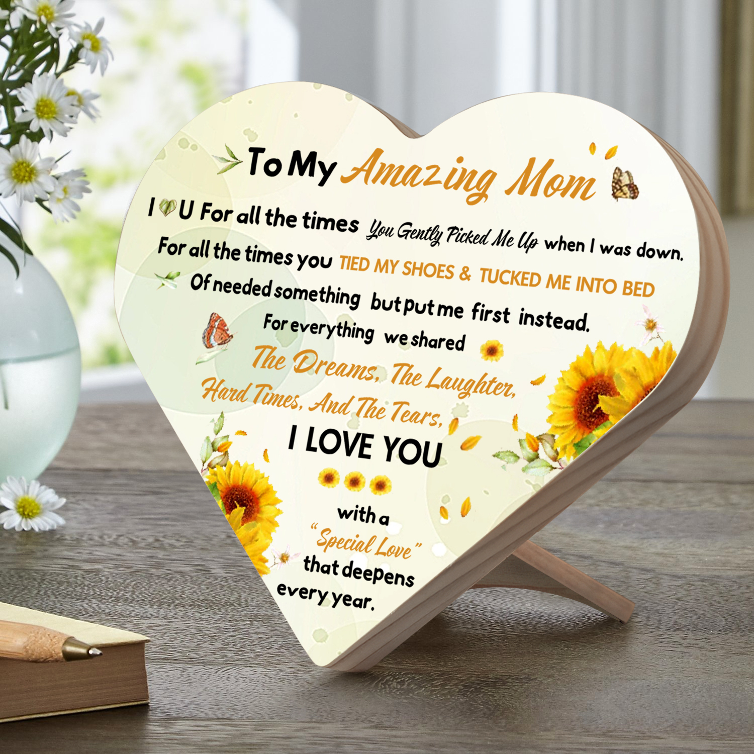 To My Amazing Mom I ❤️ U Wooden Flowers Heart Keepsake Desktop Ornament-Jessemade AU