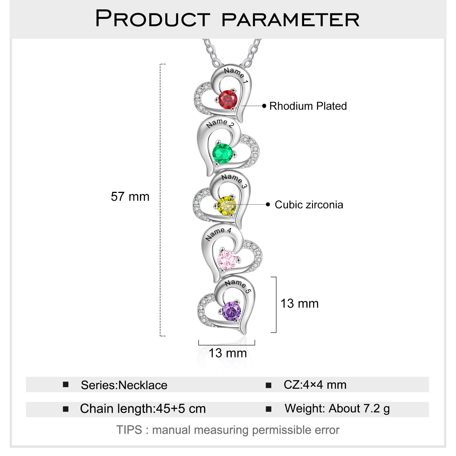 Personalised Heart Necklace With 5 Birthstones Engraved Names Gift For Her-Jessemade AU