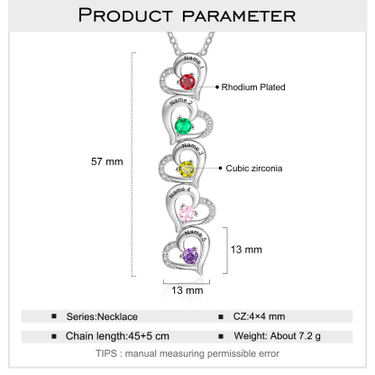 Personalised Heart Necklace With 5 Birthstones Engraved Names Gift For Her-Jessemade AU