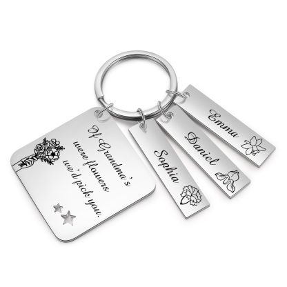 Personalised 3 Names & 3 Birth Flowers Keychain Custom Text Family Keychain Gifts for Mother/Grandma-Jessemade AU