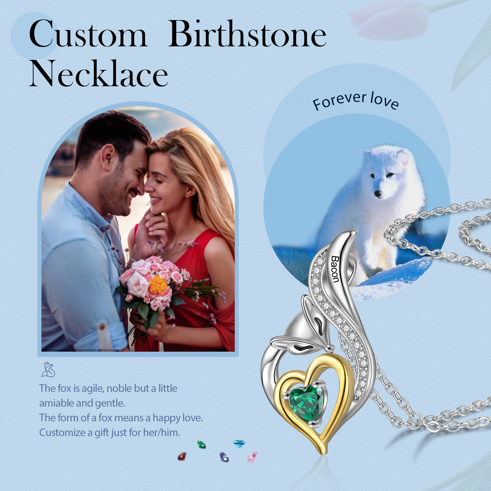 Personalised Heart Fox Necklace with Birthstone Engraved Name Gifts for Her-Jessemade AU