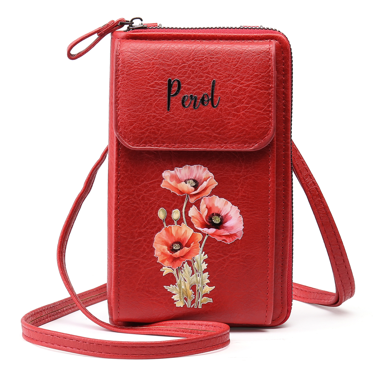 Personalised Women's Leather Wallet Custom Birthday Flower & Name Mobile Phone Wallet Zipper Crossbody Bag