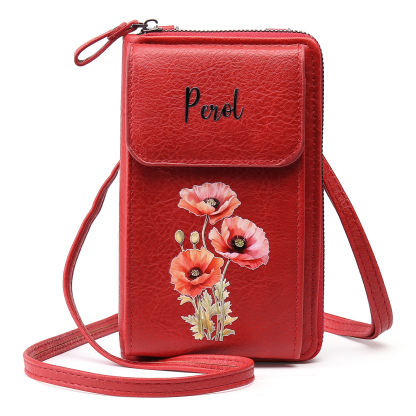Personalised Women's Leather Wallet Custom Birthday Flower & Name Mobile Phone Wallet Zipper Crossbody Bag