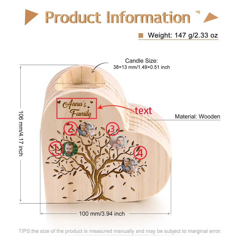 Family Photo Wooden Heart Candle Holder Custom 4 Photos Family Tree Candlesticks-Jessemade AU