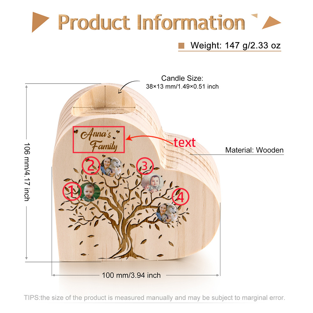Family Photo Wooden Heart Candle Holder Custom 4 Photos Family Tree Candlesticks-Jessemade AU