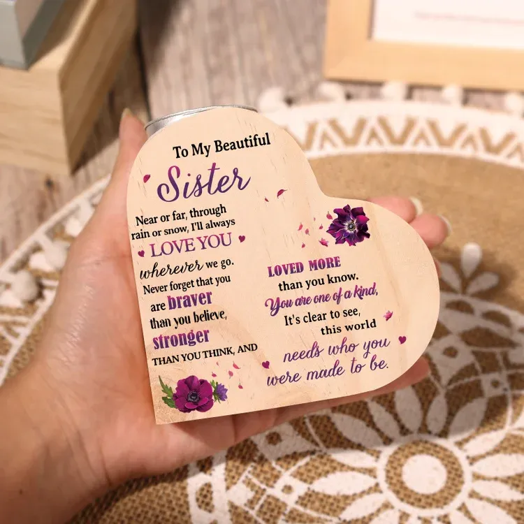 To My Beautiful Sister Violet Flower Heart Candle Holder "I'll always love you wherever we go" Wooden Candlestick-Jessemade AU