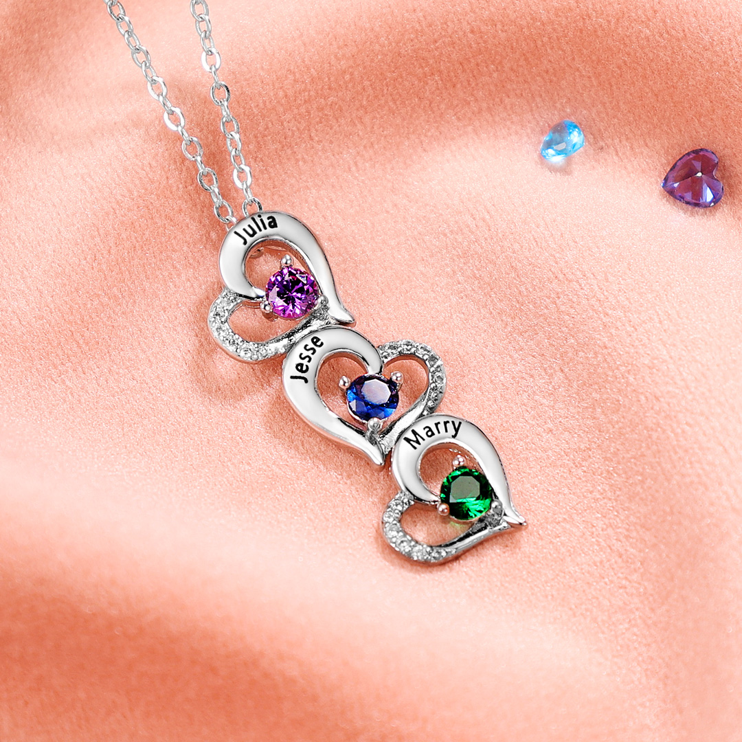 Personalised Heart Necklace With 2 Birthstones Engraved Names Gift For Her-Jessemade AU