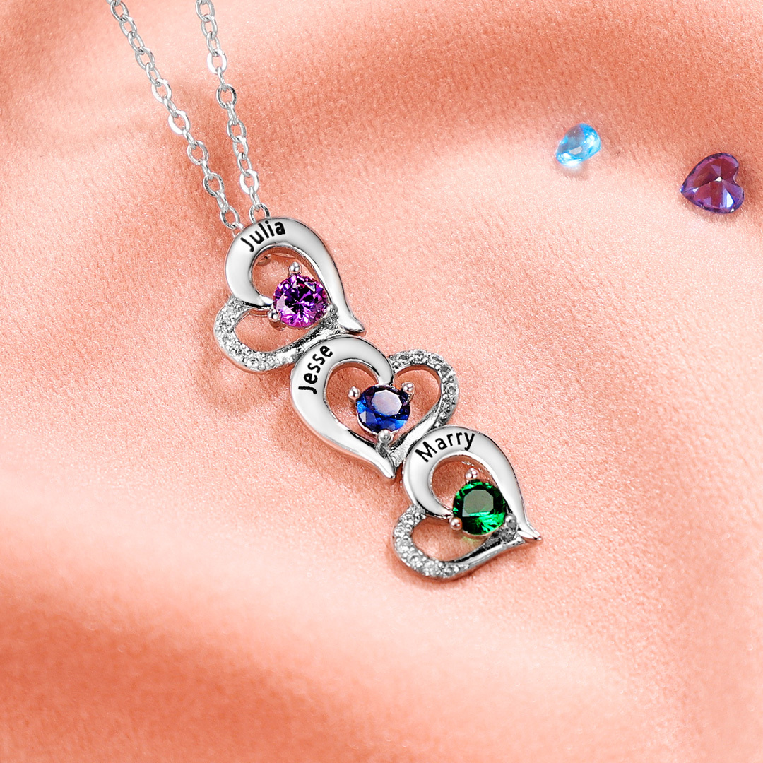 Personalised Heart Necklace With 2 Birthstones Engraved Names Gift For Her-Jessemade AU