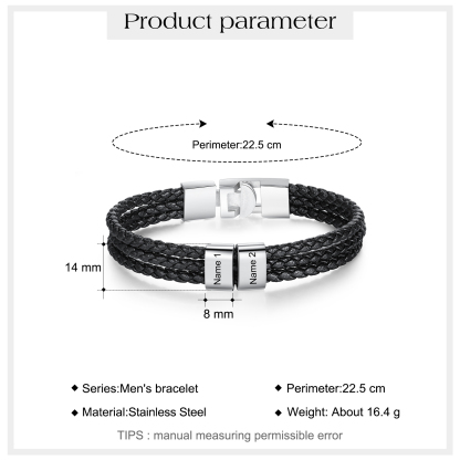Personalised Braided Leather Bracelet Engraved 2 Names Men's Bracelet Gifts For Him-Jessemade AU