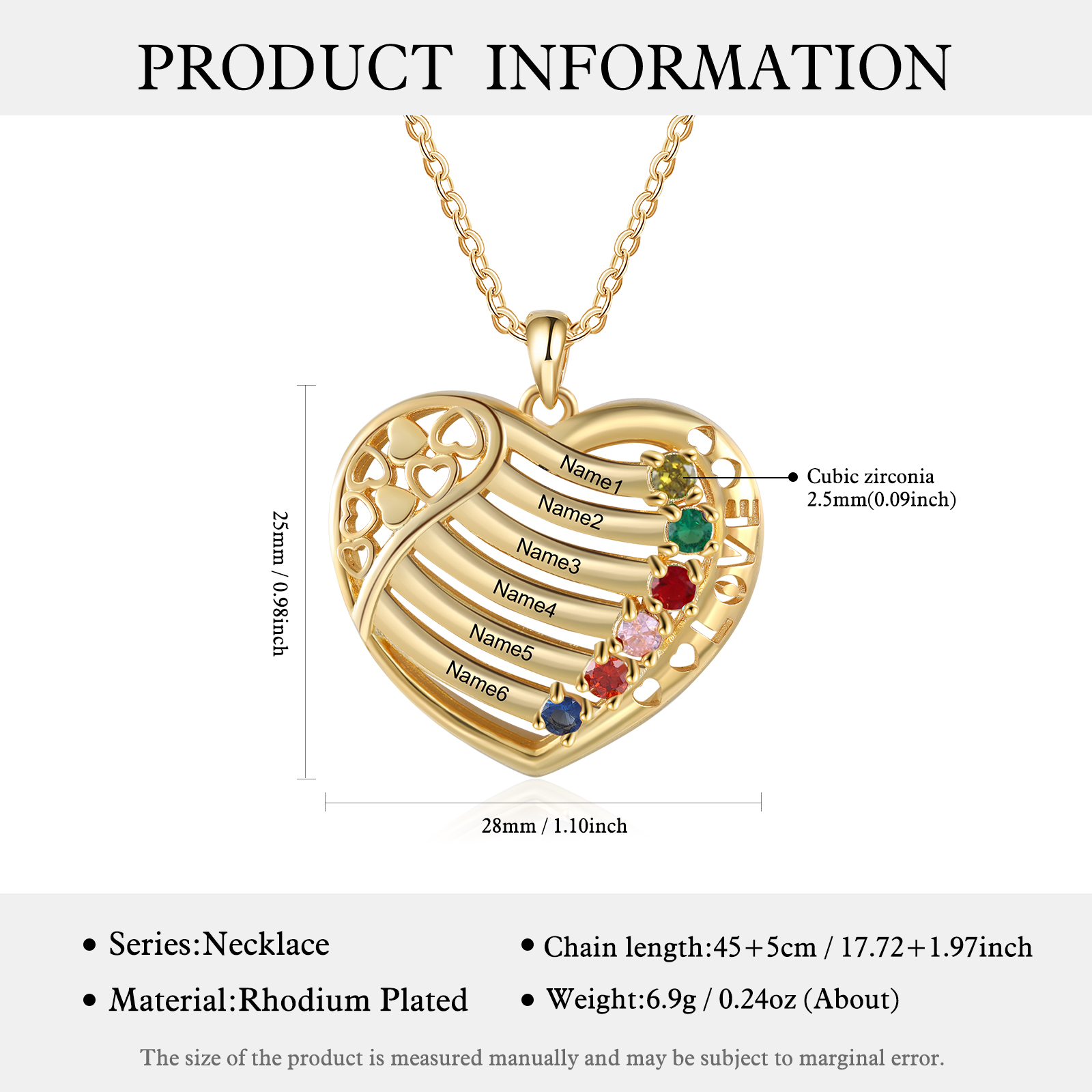 LOVE Heart Necklace Custom 6 Names & Birthstones Family Necklace Gifts For Her-Jessemade AU