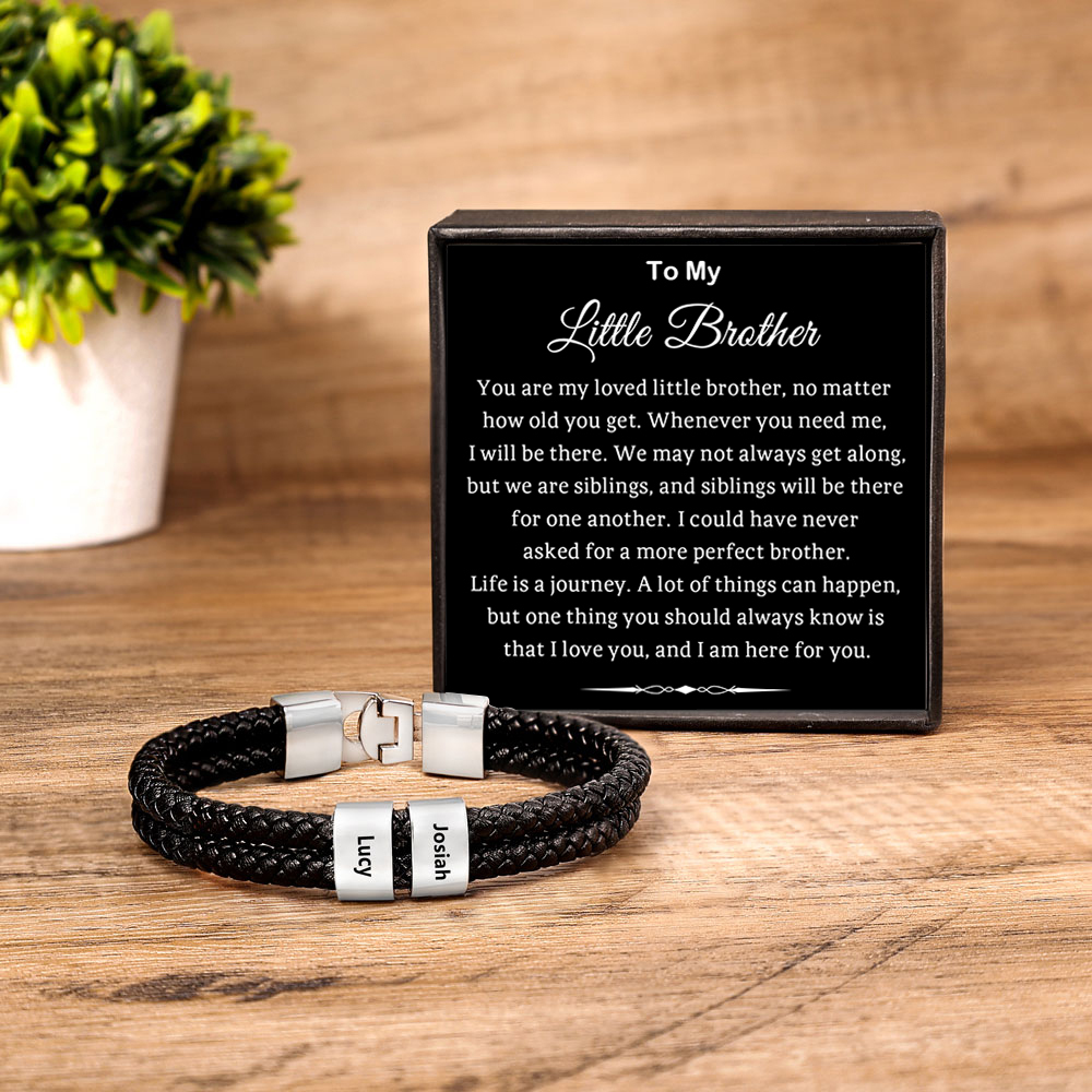 To My Little Brother Leather Bracelet with Beads Engraved 2 Names Two Layers Bracelet - You Are My Loved Little Brother, No Matter How Old You Get-Jessemade AU