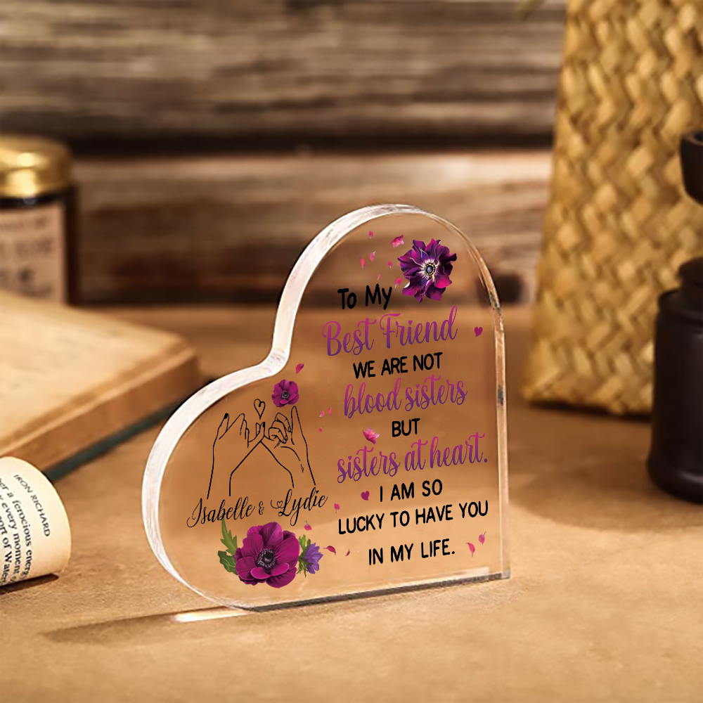 To My Best Friend Acrylic Heart Keepsake Customised 2 Names Violets Ornament "We Are Not Blood Sisters But Sisters At Heart" Gift For Her-Jessemade AU