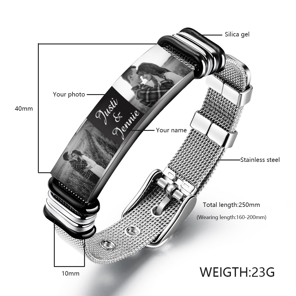 Personalised ID Bar Bracelet Engraved 2 Photos Men Women Bracelet-Jessemade AU
