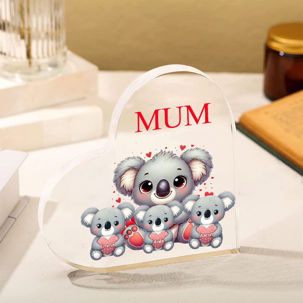 Personalised Acrylic Heart Keepsake Custom 1 Text & 3 Names Ornament Koala Family Gifts for Mother/Grandma-Jessemade AU
