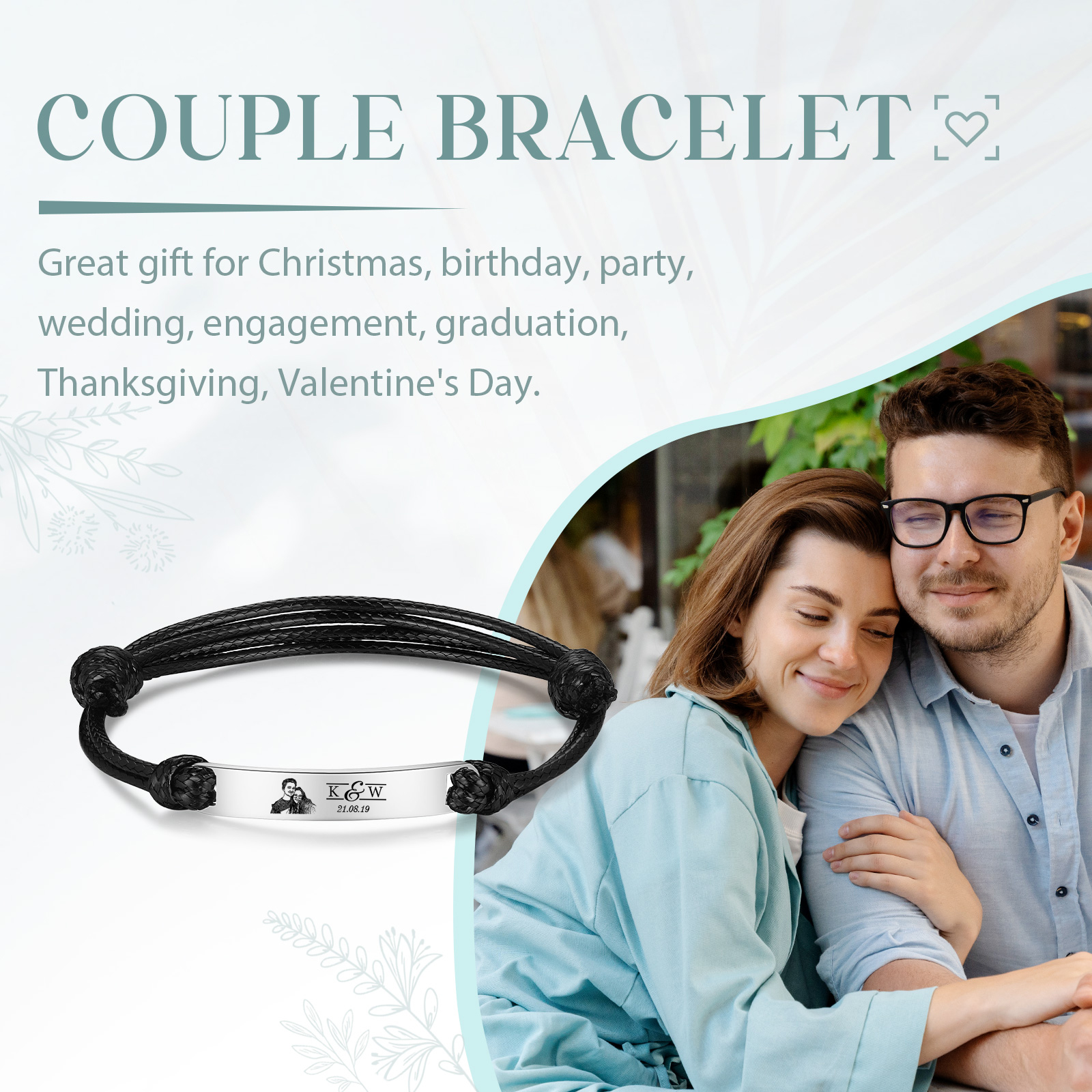 Personalised Couple Photo Bracelet Custom 2 Letters & Date Bracelet Adjustable String-Jessemade AU
