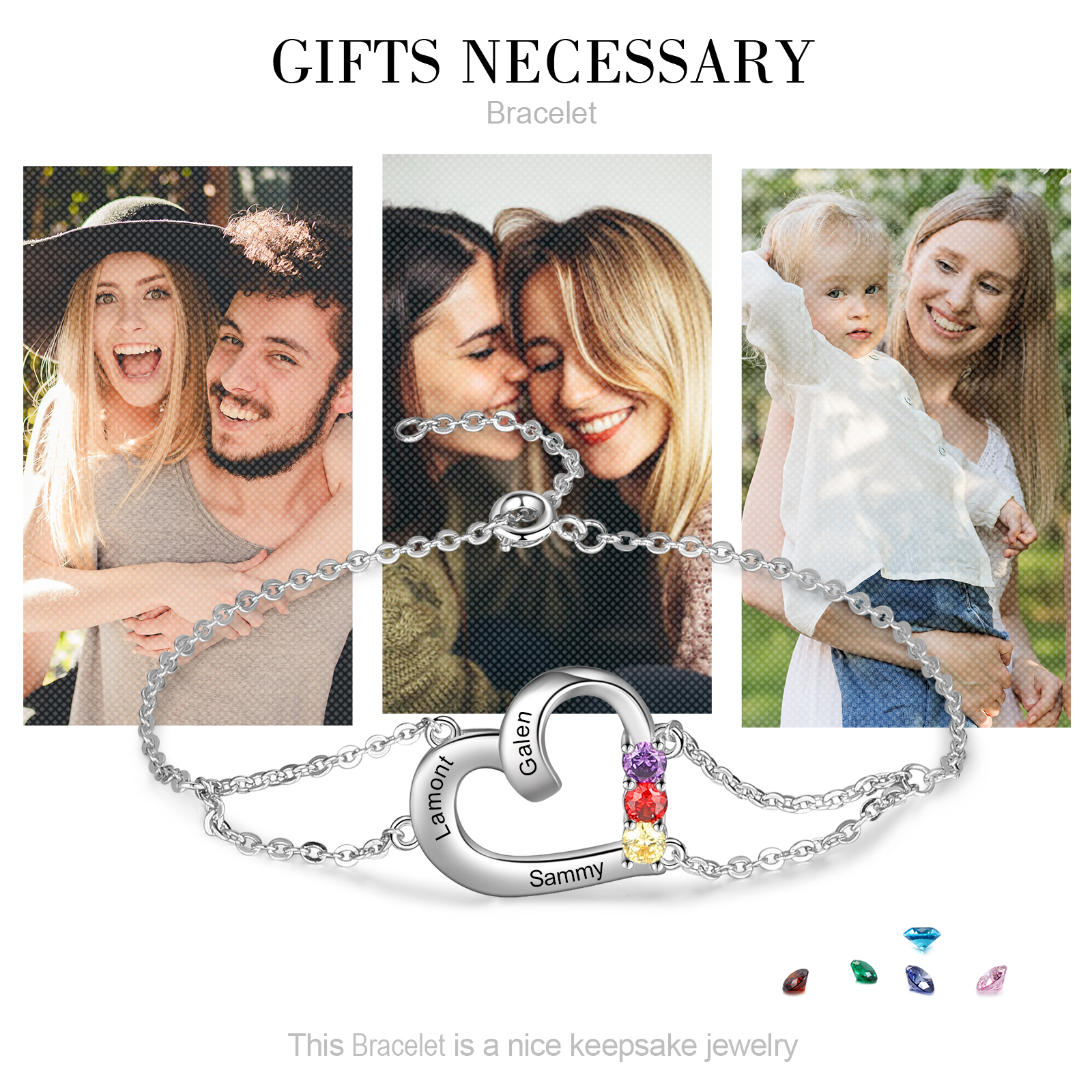 Personalised Heart Bracelet With 3 Birthstones Engraved Names Gift For Women-Jessemade AU