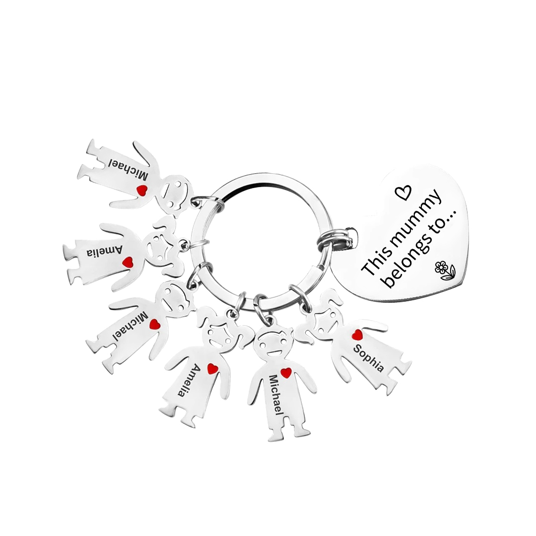 Personalised Heart Keychain With Engraved 5 Kid's Names Charms "This Mummy Belongs to" Mother's Day Gifts For Mum