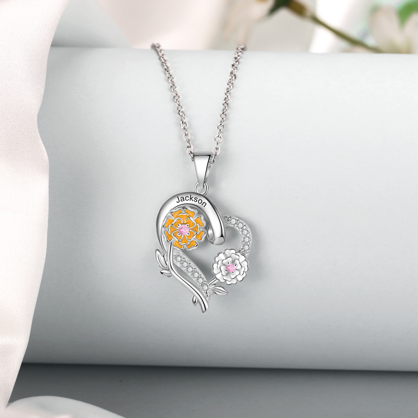 Personalised October  Birthflower Necklace With Birthstones Custom 1 Name Necklace For Her-Jessemade AU