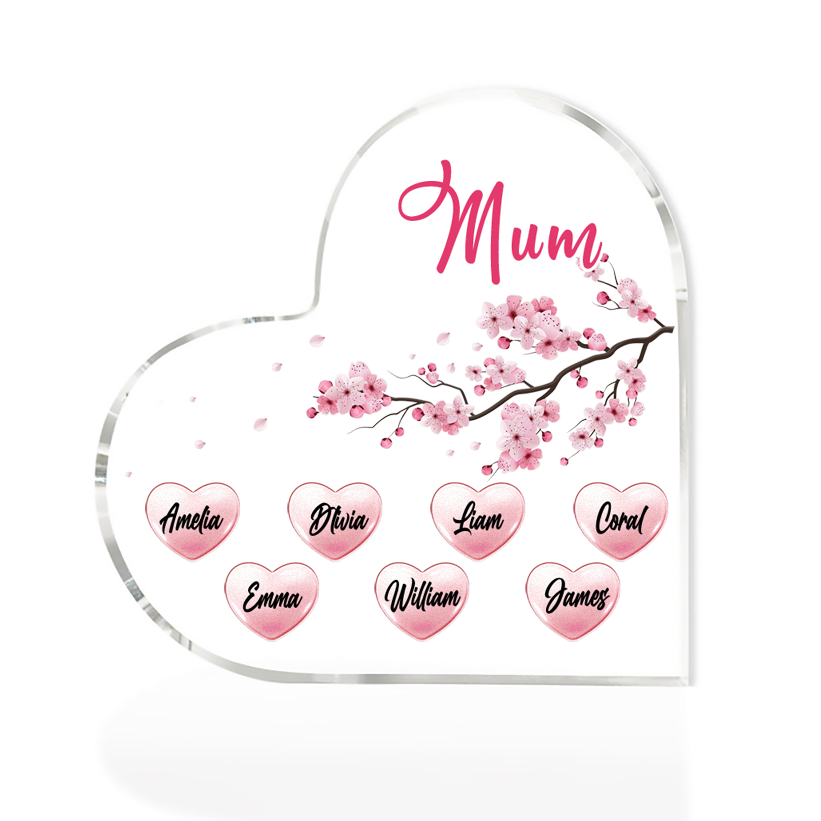 7 Names - Personalised Acrylic Heart Keepsake Custom Text Peach Blossom Ornaments Gifts for Grandma/Mother-Jessemade AU