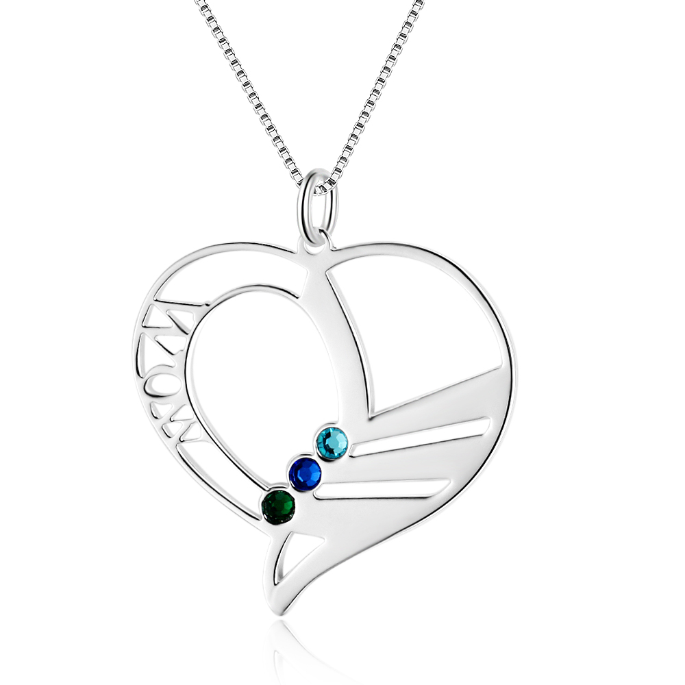 Personalised Heart Necklace With 3 birthstones Engraved Names Gift For Mother-Jessemade AU