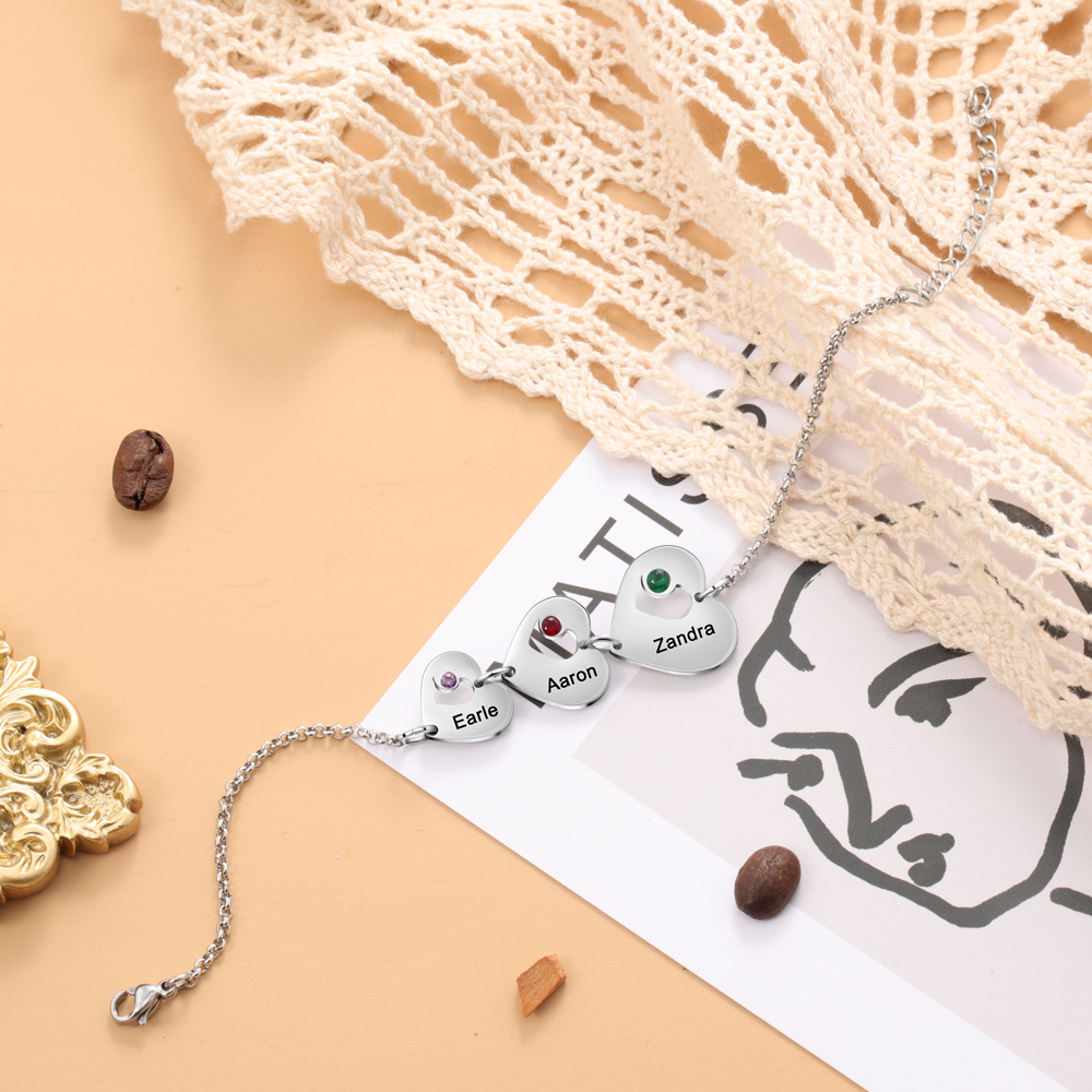 Personalised Heart Bracelet With 3 Birthstones Engraved Names Bracelet Gift For Women-Jessemade AU