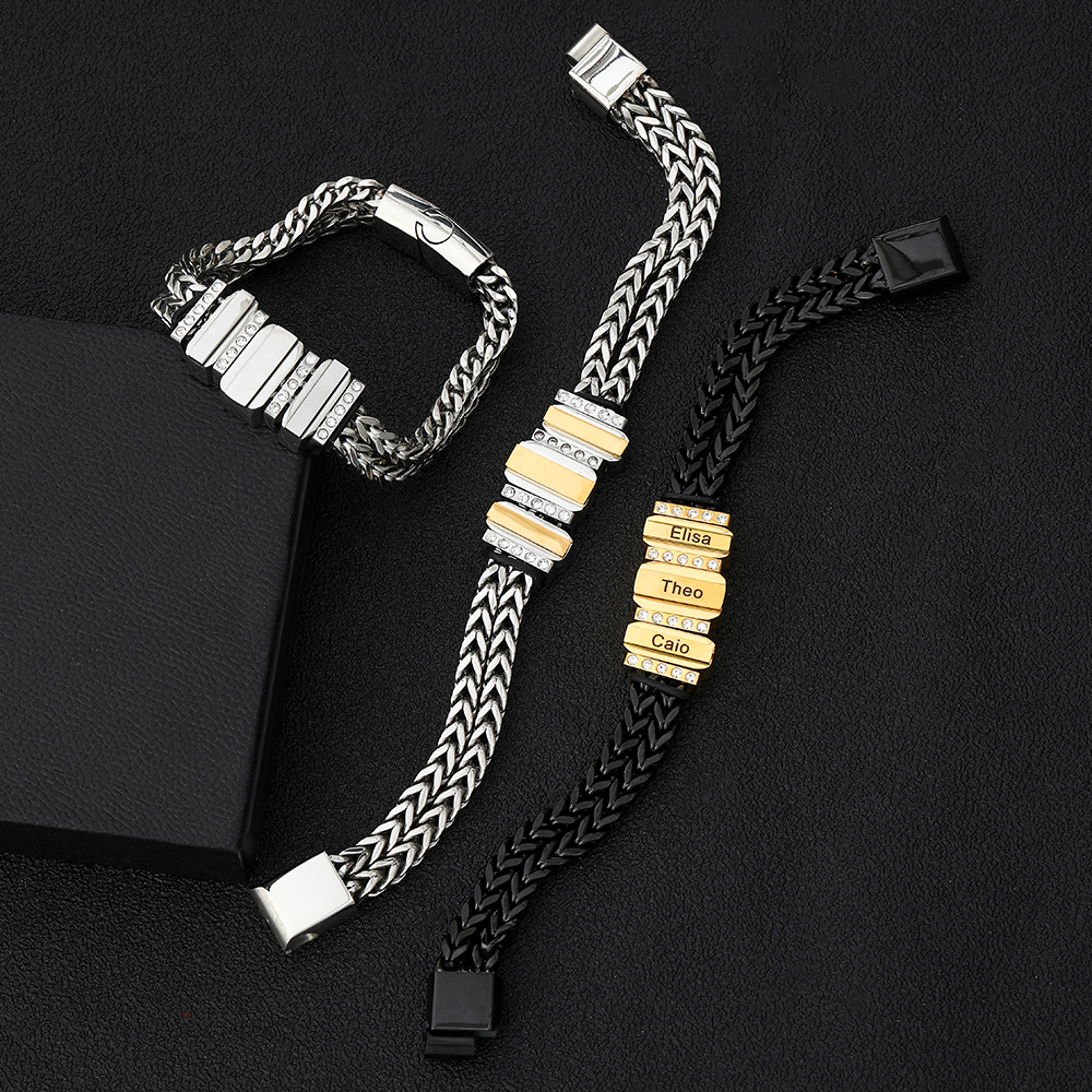 Mens Bracelet with Customised Beads Personalised Cuban Chain Bracelet Engraved 3 Names-Jessemade AU