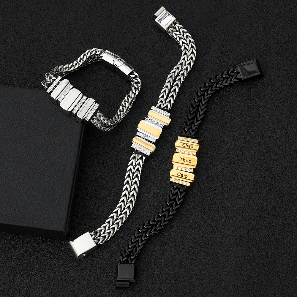 Mens Bracelet with Customised Beads Personalised Cuban Chain Bracelet Engraved 3 Names-Jessemade AU