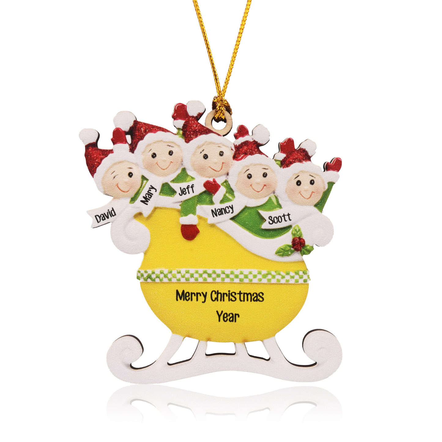 5 Names - Personalised Yellow Sleigh Family Christmas Ornament Customised Name & Text Wooden Hanging Ornaments Christmas Gift for Family-Jessemade AU
