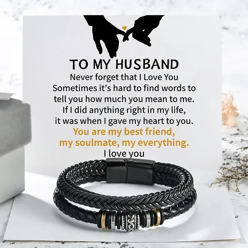 To My Husband, Inspirational Leather Bracelet Bangle with Message Card Gifts For Him-Jessemade AU