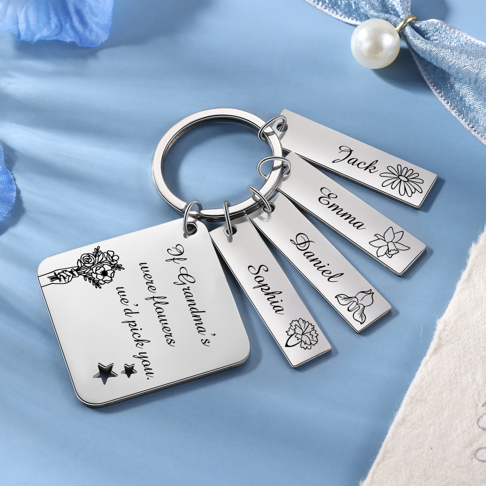 Personalised 4 Names & 4 Birth Flowers Keychain Custom Text Family Keychain Gifts for Mother/Grandma-Jessemade AU