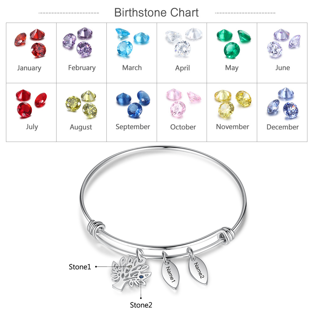 Personalised Family Tree Bracelet with 2 Birthstones Leaf Charms Bangle for Her-Jessemade AU