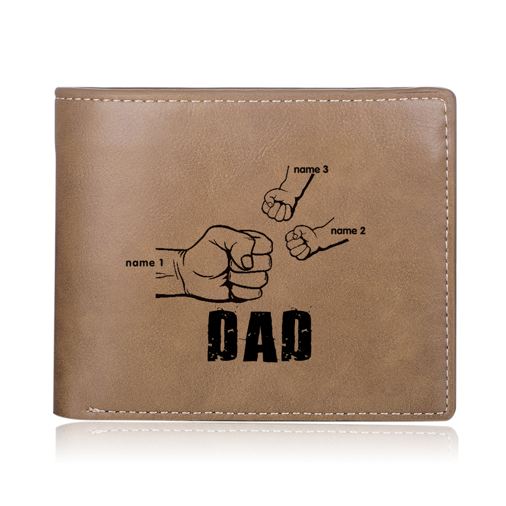Personalised Leather Mens Wallet Engraved 3 Names Fist Bump Folding Wallet Father's Day Gifts-Jessemade AU