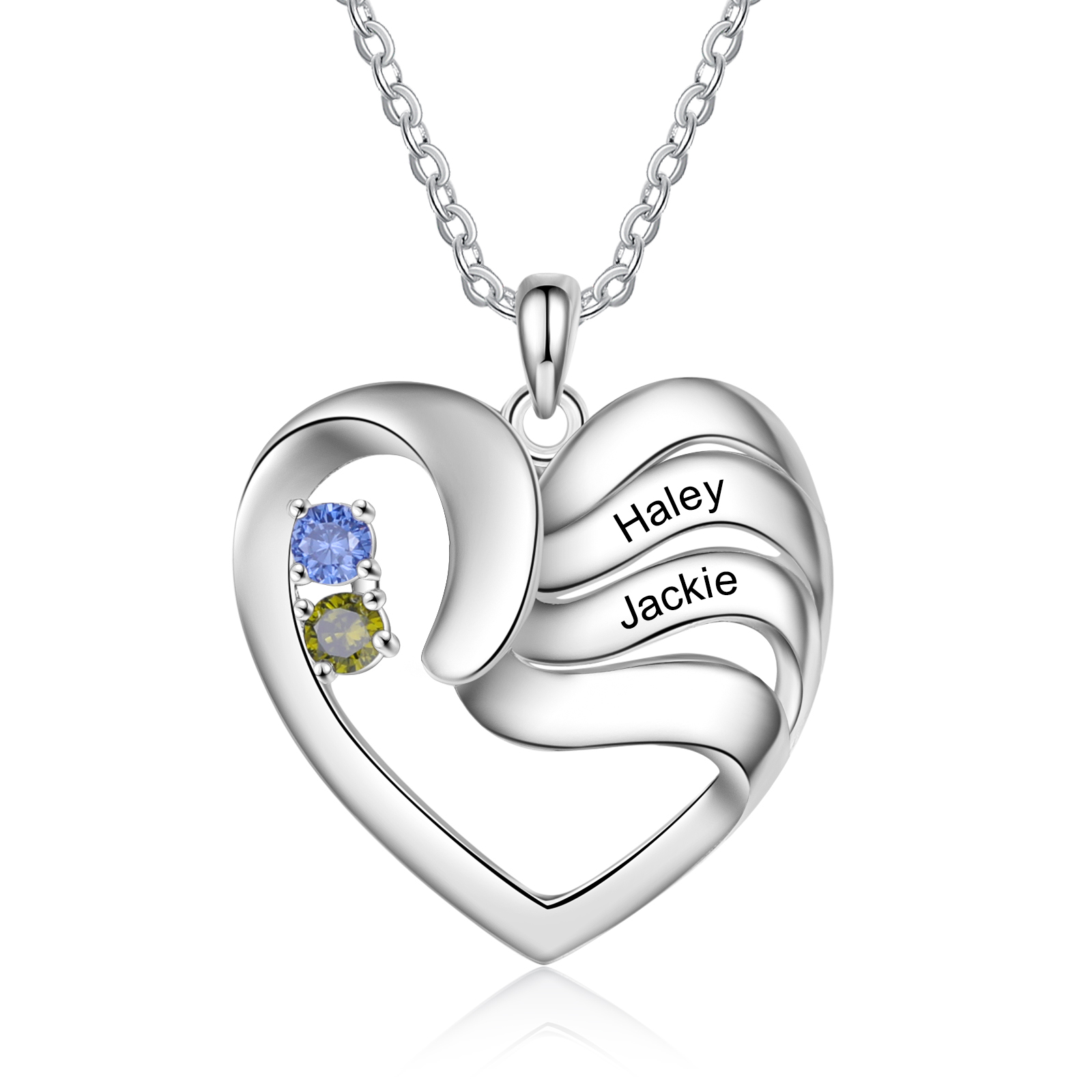 Personalised Heart Necklace With 2 Birthstones Engraved Names Gift For Women-Jessemade AU