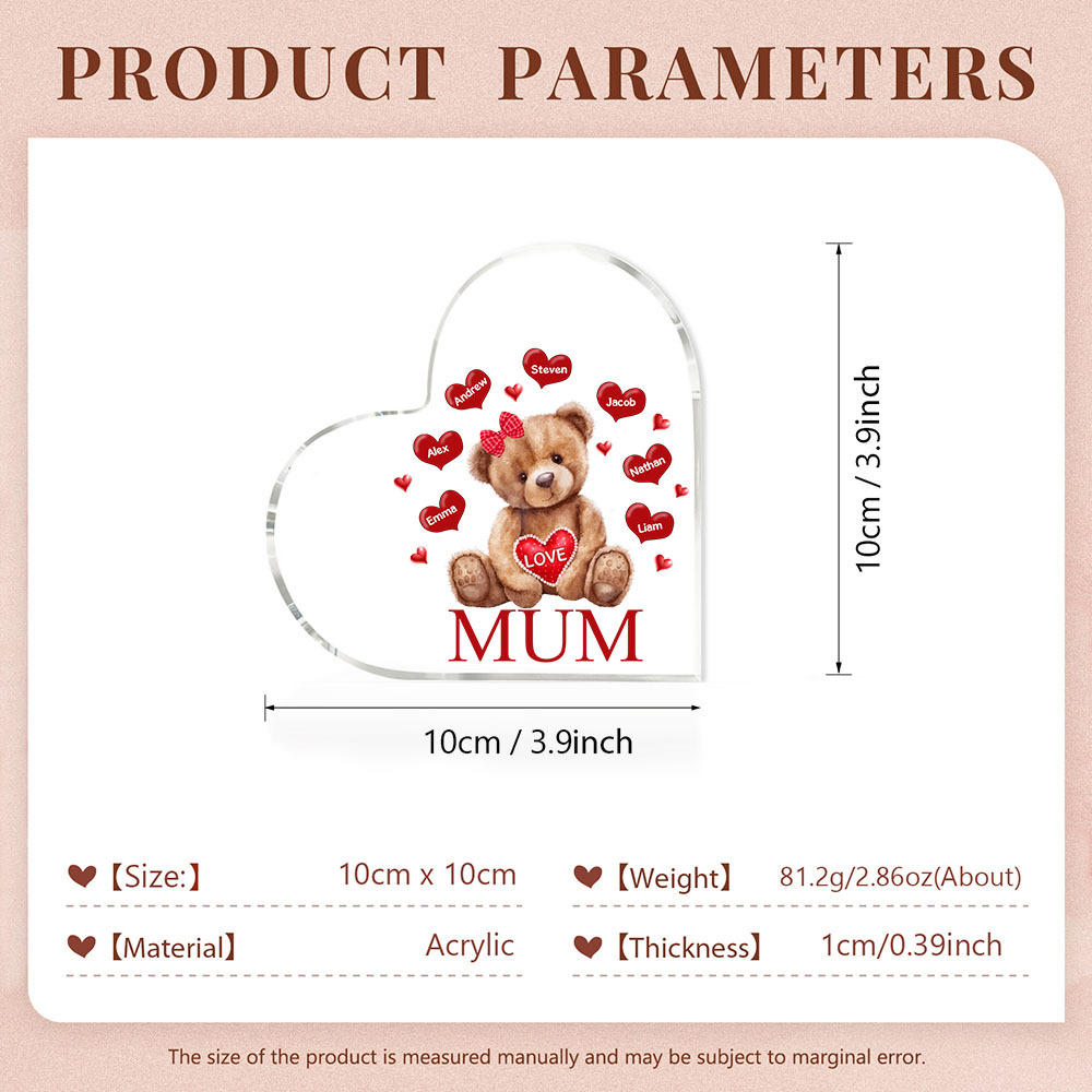 7 Names - Personalised Acrylic Heart Keepsake Custom 2 Texts Teddy Bear Ornaments Gifts for Grandma/Mother-Jessemade AU