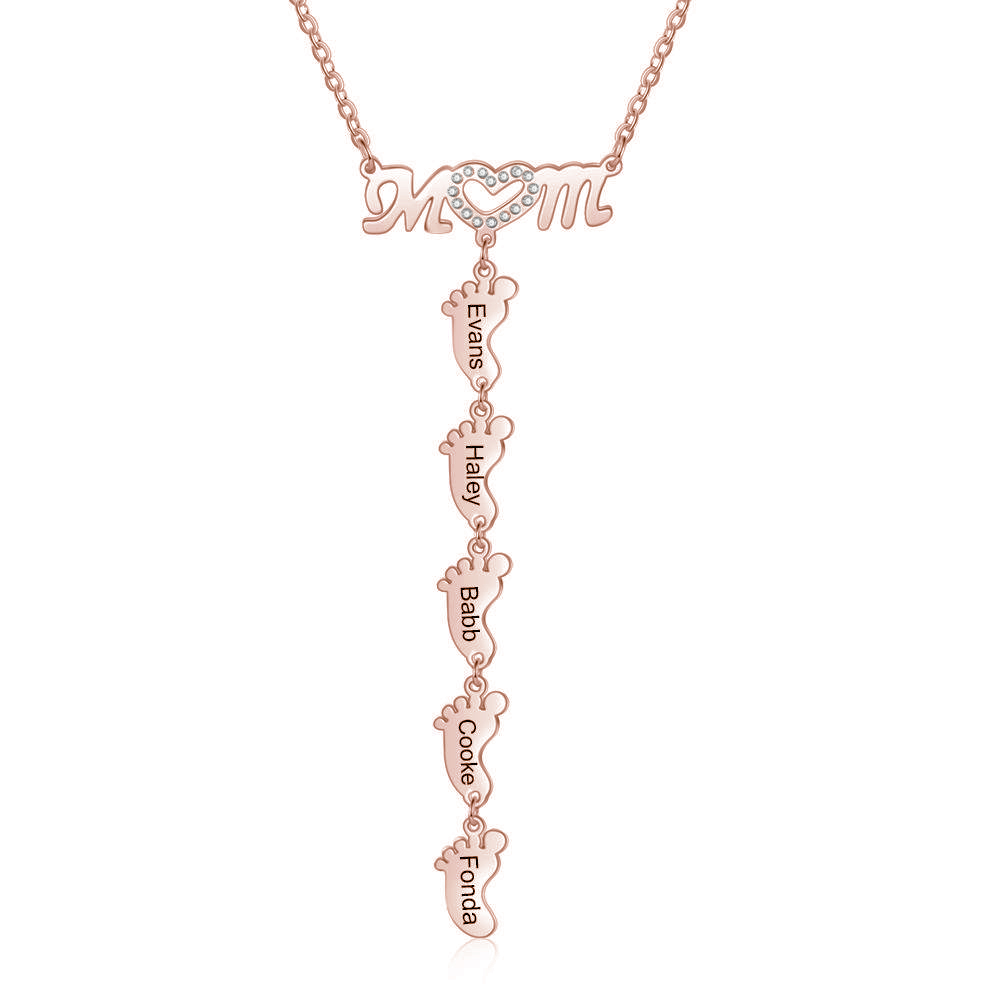 Mother Necklace with 5 Baby Feet Pendants Engraved 5 Names  Rose Gift Set