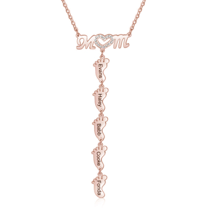 Mother Necklace with 5 Baby Feet Pendants Engraved 5 Names  Rose Gift Set