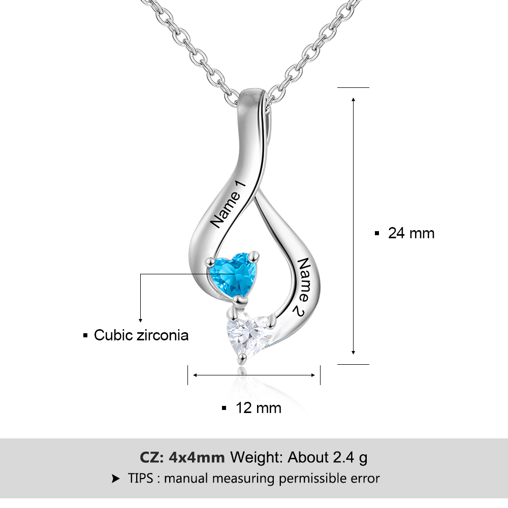 Personalised Necklace With 2 Heart Birthstones Engraved Names Gift For Her-Jessemade AU
