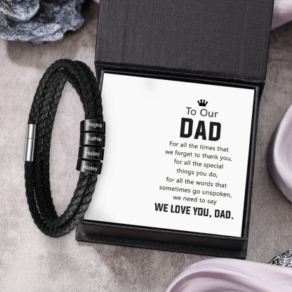 Personalised Men's Leather Bracelet Custom 4 Names Braided Bracelet with Beads Multi-Layered Bracelet Gift for Dad