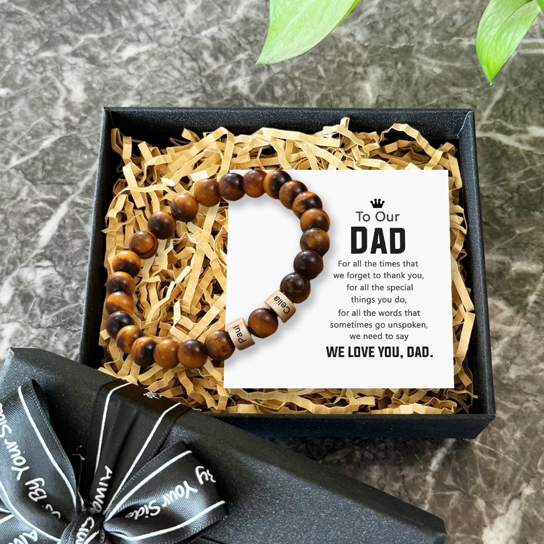 Tiger's Eye Men Bead Bracelet Personalised 2 Names Beaded Warp Bracelet Gift For Dad-Jessemade AU