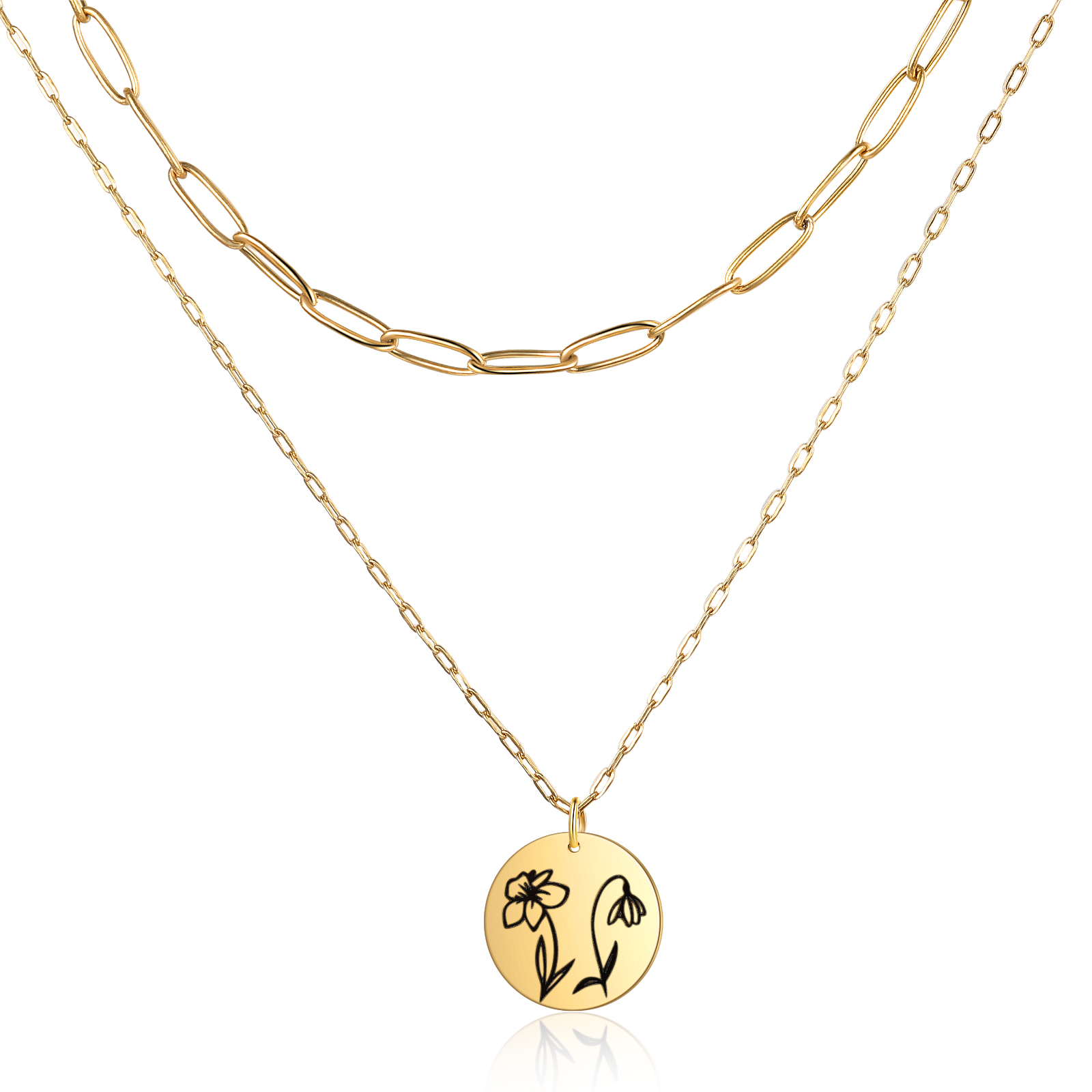 Personalised Double Necklace With 2 Birthflowers Engraved Name Gift For Her-Jessemade AU