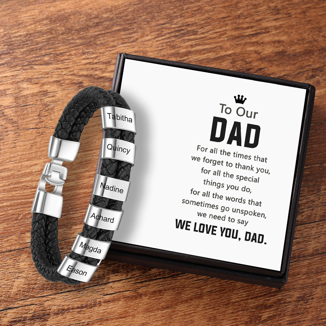 Personalised Braided Leather Bracelet Engraved 6 Names Men's Bracelet for Dad-Jessemade AU