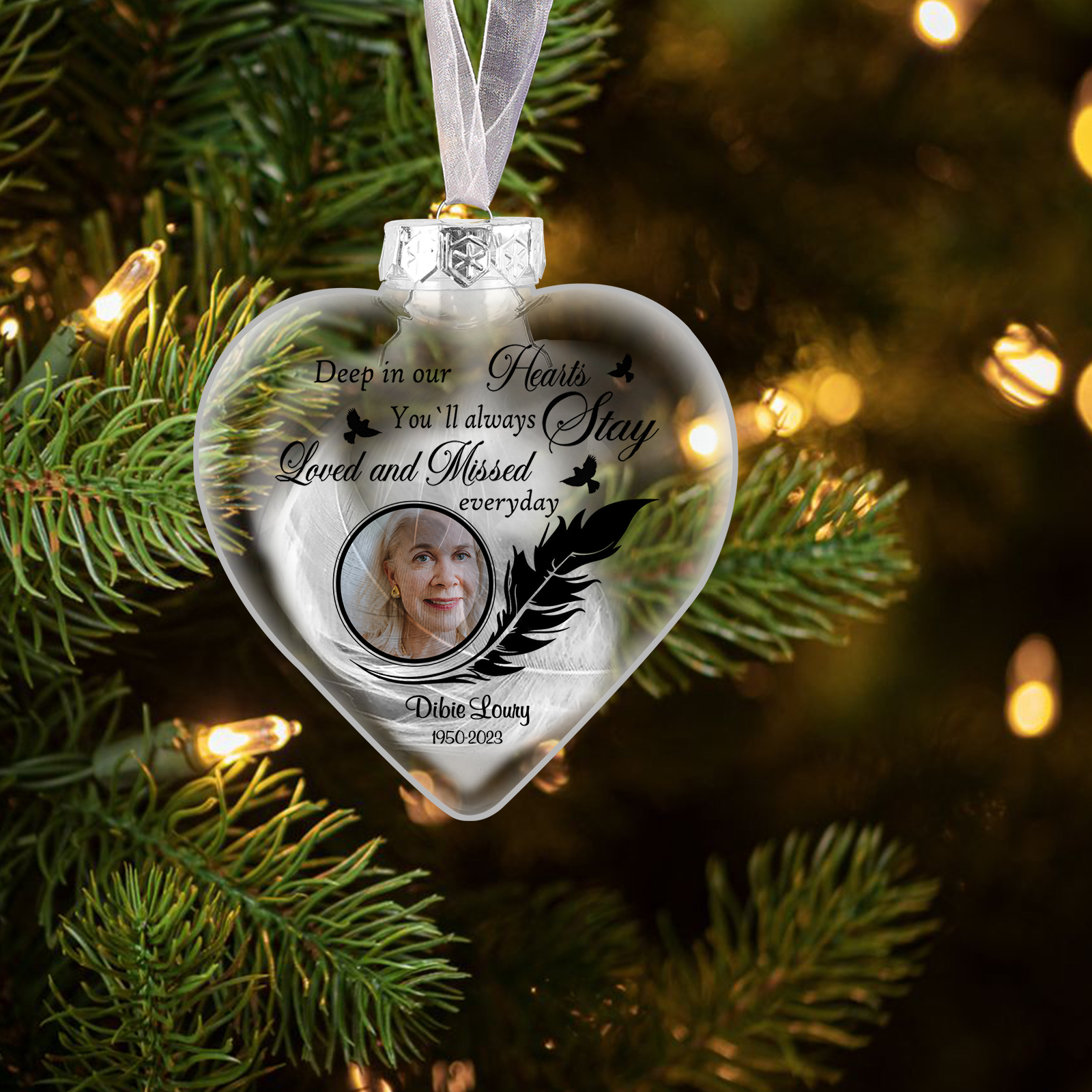 Heart-shaped Memorial Christmas Ornaments Custom Name & Date & Photo Feather Ornament Commemorate Deceased Loved Ones-Jessemade AU