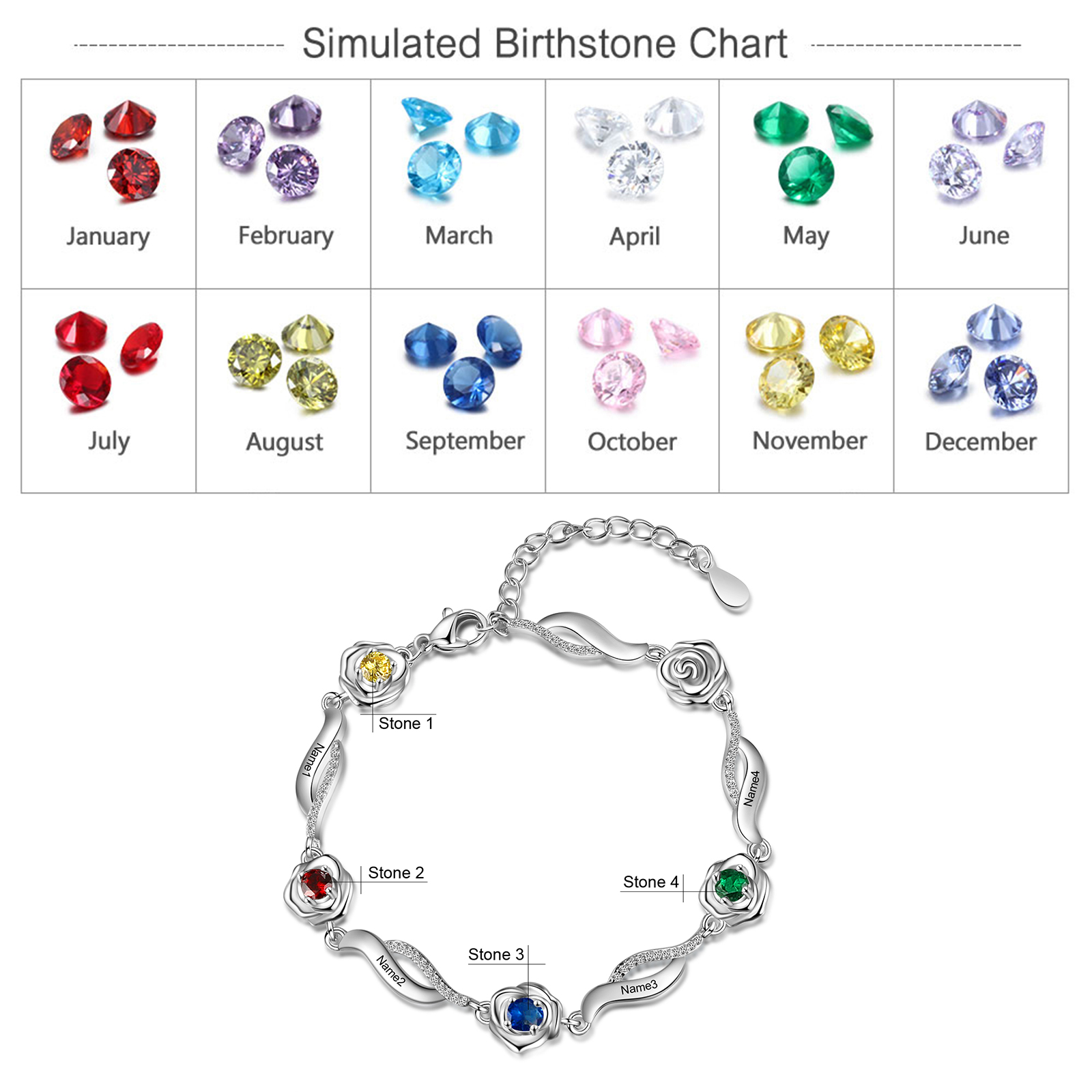 Personalised Rose Bracelet With 4 Birthstones Custom Names Bracelet Gift For Women-Jessemade AU