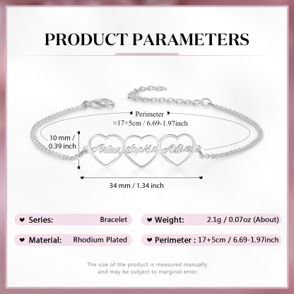 3 Names - Personalised Heart Bracelet Custom Name Bracelets Birthday Valentine's Day Gift For Her-Jessemade AU
