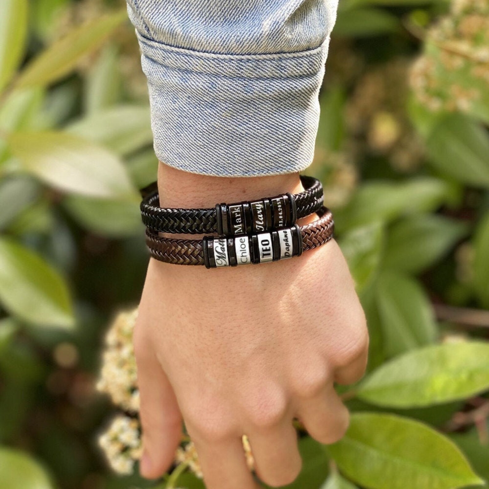 Men Leather Braided Bracelet Personalised with 4 Names 4 Beads Gift For Father's Day-Jessemade AU