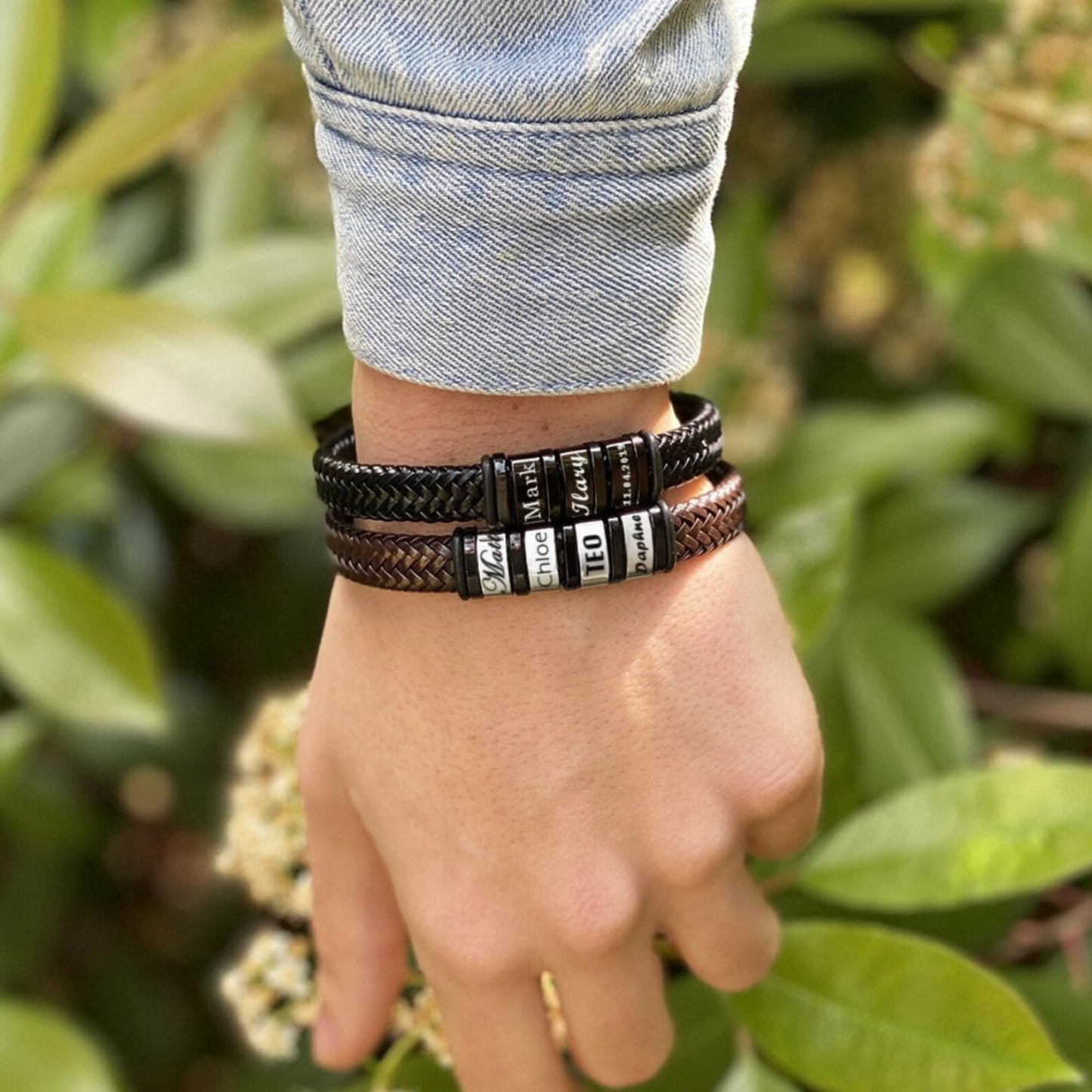 Men Leather Braided Bracelet Personalised with 3 Names Black-Jessemade AU