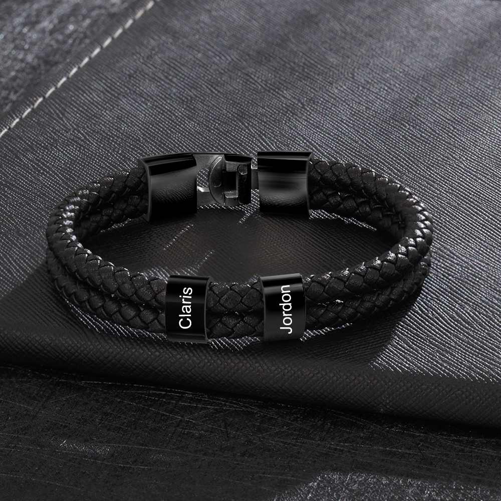 Personalised Braided Leather Bracelet Engraved 2 Names Men's Bracelet for Him