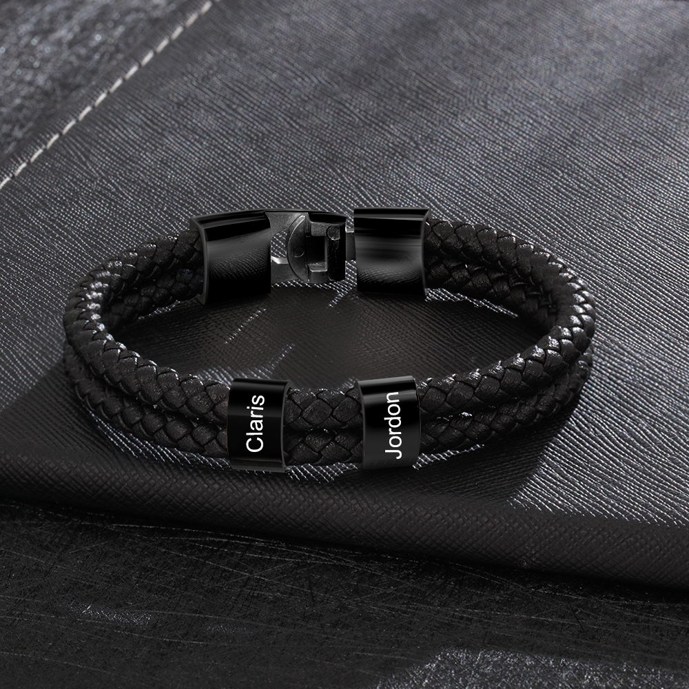 Personalised Braided Leather Bracelet Engraved 2 Names Men's Bracelet for Him